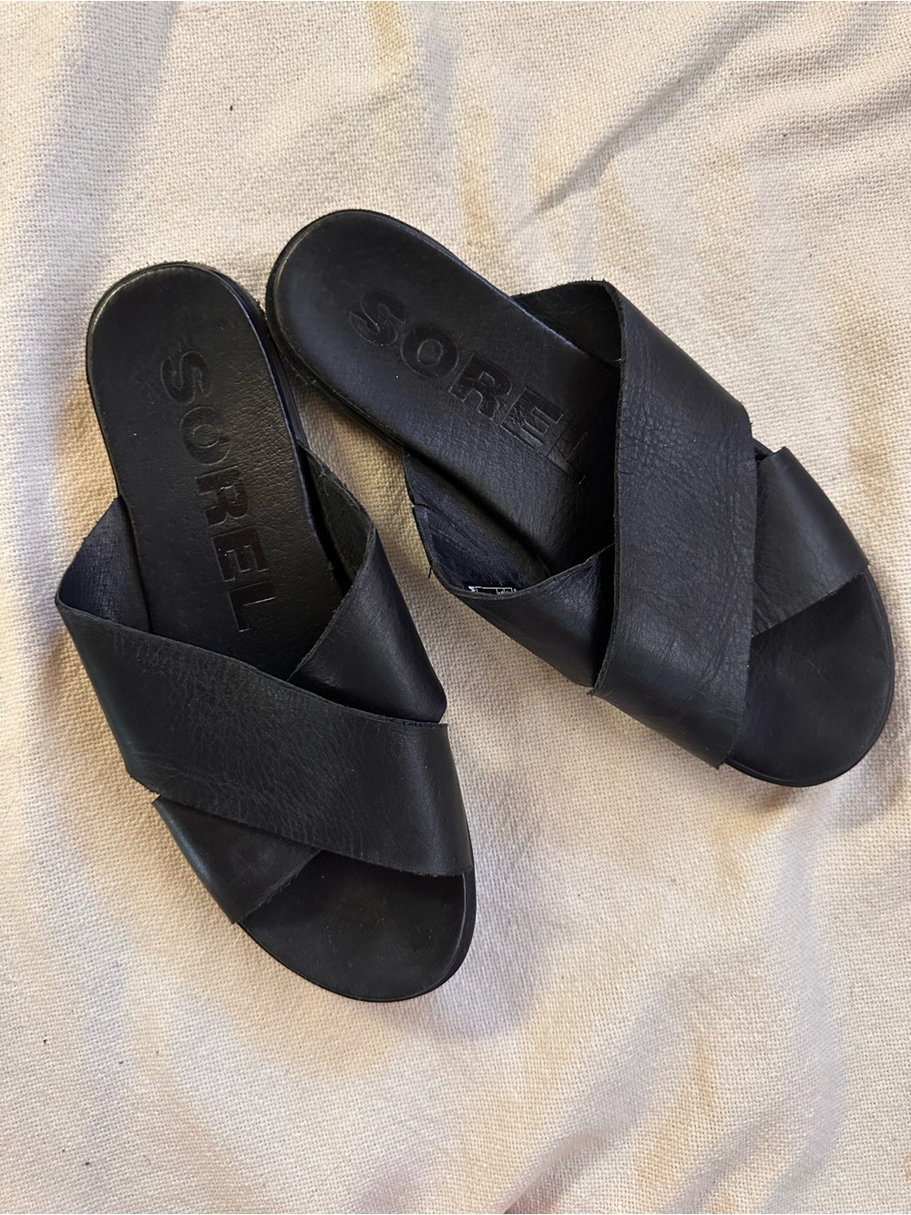 Sorel Black Leather Slide Sandals 9.5